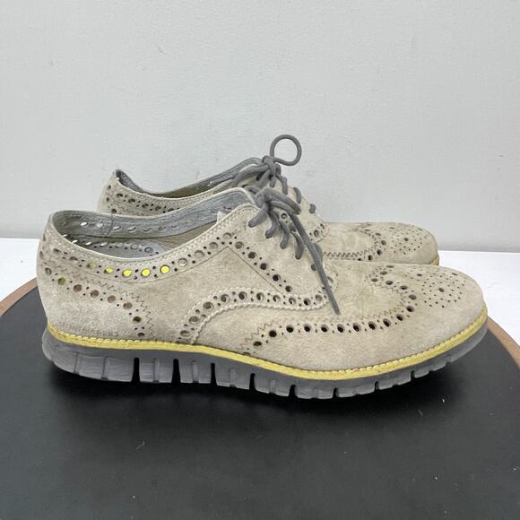 Cole Haan Suede Leather Wingtip Oxford Dress Shoes Men 9M Perforated Tan Casual - Picture 1 of 12